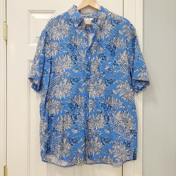 Lilly Pulitzer x Southern Tide Mens Linen Shirt Size Large Blue Floral Hawaiian - Picture 4 of 9